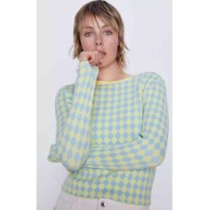 Zara Yellow & Blue Diamond Long Sleeve Sweater Size Medium